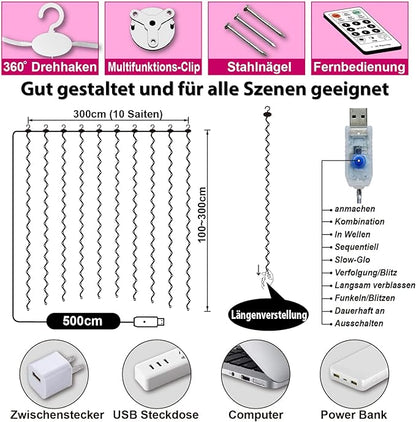 HXWEIYE 300LED Lichtervorhang Warmweiß, 3mx3m Lichterkettenvorhang USB 8 Modi LED Lichterkette mit 12 Haken Fernbedienung Timer verstellbare Helligkeit für Weihnachten Party Innen und außen Deko [Energieklasse G]