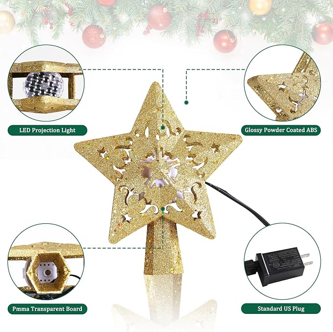 Weihnachtsbaum Topper Stern Weihnachtsbaum Topper beleuchtet mit 3D Glitter Gold Star Weihnachtsbaum Topper Plug in Weihnachtsprojektor Lichter für Weihnachtsbaumschmuck (Gold)