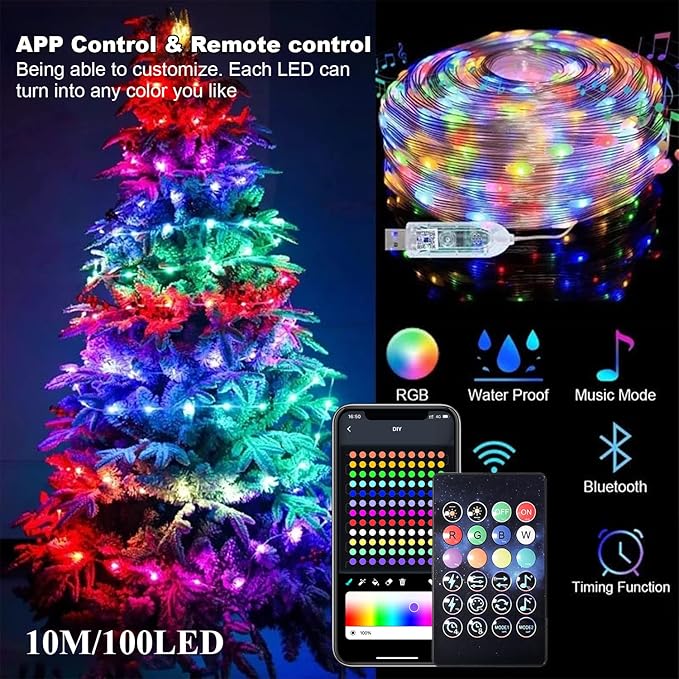 Led Strip 10m mit Smart App, IP65 Wetterfest RGB Led Lichterkette Innen Außen 100 Led Streifen Lichterketten Band mit Fernbedienung LED Licht Leiste für Weihnachtsdeko Schlafzimmer TV Schrankdek Party