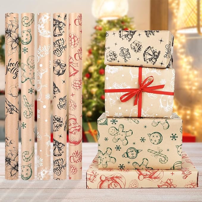 DERAYEE Geschenkpapier Weihnachten, Geschenkpapier 5 Verschiedene Muster, Geschenkpapier Weihnachten Set (5 Rollen)