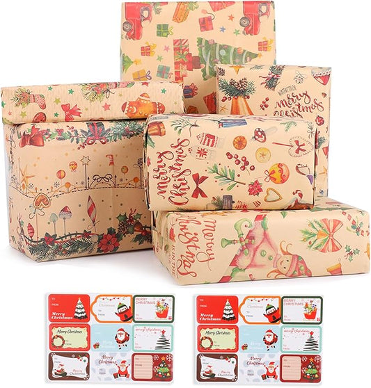 DERAYEE Geschenkpapier Weihnachten mit Aufkleber,Geschenkpapier 6 Verschiedene Muster,Kraftpapier Geschenkpapier Weihnachten Set