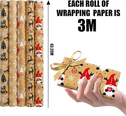 DERAYEE Geschenkpapier Weihnachten, Geschenkpapier 5 Verschiedene Muster, Geschenkpapier Weihnachten Set (5 Rollen)