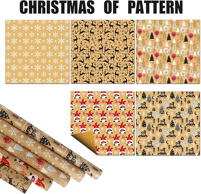 DERAYEE Geschenkpapier Weihnachten, Geschenkpapier 5 Verschiedene Muster, Geschenkpapier Weihnachten Set (5 Rollen)