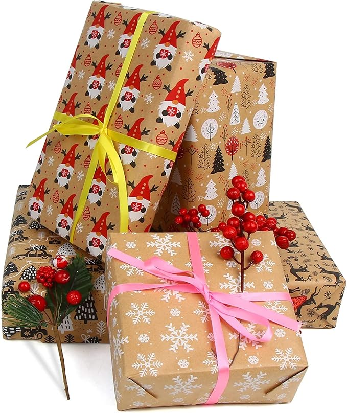 DERAYEE Geschenkpapier Weihnachten, Geschenkpapier 5 Verschiedene Muster, Geschenkpapier Weihnachten Set (5 Rollen)