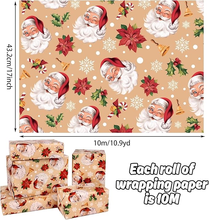 DERAYEE 10M Geschenkpapier Weihnachten, Geschenkpapier Weihnachtsgeschenkpapier, Geschenkpapier, Geschenkpapier Weihnachten Weihnachtsmann Muster