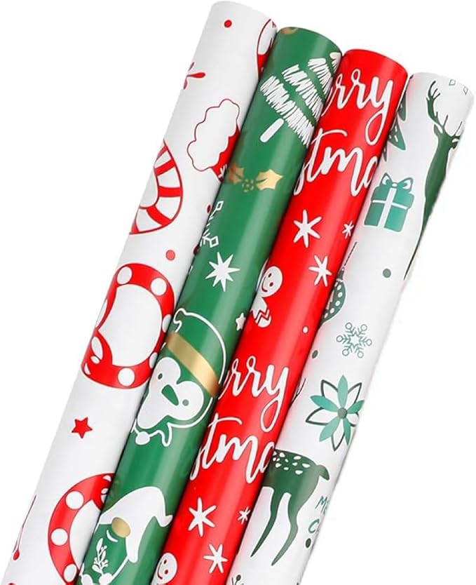 DERAYEE Geschenkpapier Weihnachten, Geschenkpapier 4 Verschiedene Muster, Geschenkpapier Set (4 Rollen)