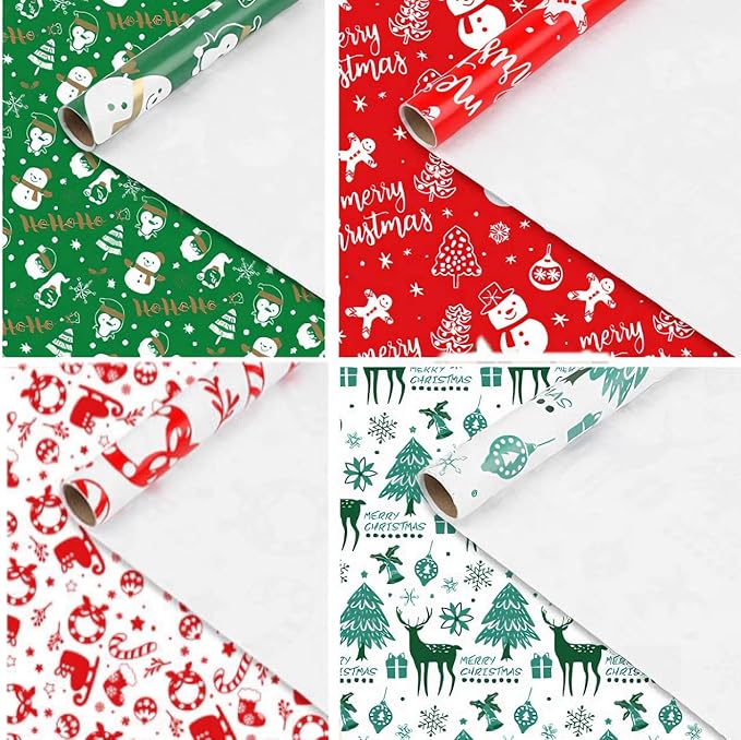 DERAYEE Geschenkpapier Weihnachten, Geschenkpapier 4 Verschiedene Muster, Geschenkpapier Set (4 Rollen)