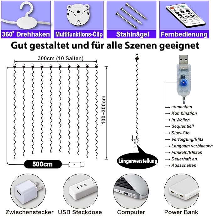 HXWEIYE 300LED Lichtervorhang Warmweiß, 3mx3m Lichterkettenvorhang USB 8 Modi LED Lichterkette mit 12 Haken Fernbedienung Timer verstellbare Helligkeit für Weihnachten Party Innen und außen Deko [Energieklasse G]