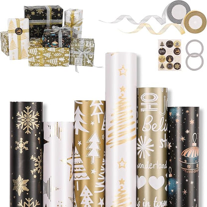 6 Rollen Geschenkpapier Weihnachten, Ambesty 43 x 300cm Schwarz Gold Geschenkpapierrolle, Weihnachtsgeschenkpapierrolle mit Aufklebern und Schleifenband, Weihnachtspapier Set für Geschenkverpackung