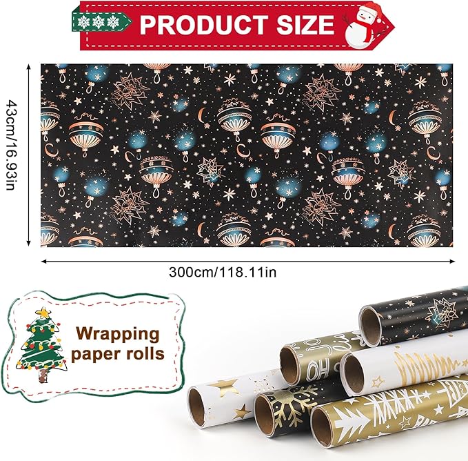 6 Rollen Geschenkpapier Weihnachten, Ambesty 43 x 300cm Schwarz Gold Geschenkpapierrolle, Weihnachtsgeschenkpapierrolle mit Aufklebern und Schleifenband, Weihnachtspapier Set für Geschenkverpackung