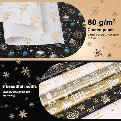 6 Rollen Geschenkpapier Weihnachten, Ambesty 43 x 300cm Schwarz Gold Geschenkpapierrolle, Weihnachtsgeschenkpapierrolle mit Aufklebern und Schleifenband, Weihnachtspapier Set für Geschenkverpackung