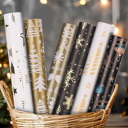 6 Rollen Geschenkpapier Weihnachten, Ambesty 43 x 300cm Schwarz Gold Geschenkpapierrolle, Weihnachtsgeschenkpapierrolle mit Aufklebern und Schleifenband, Weihnachtspapier Set für Geschenkverpackung