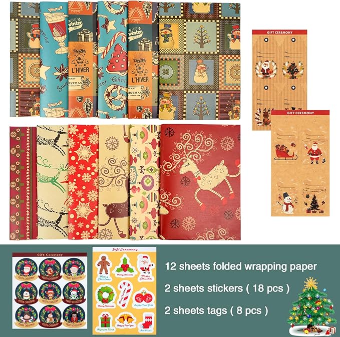 Geschenkpapier Weihnachten, 12 Blatt Weihnachtspapier Set mit Aufklebern und Geschenkanhänger, kraftpapier Recycling Weihnachten Geschenkpapier für Kinder und Erwachsene, 50 x 70cm