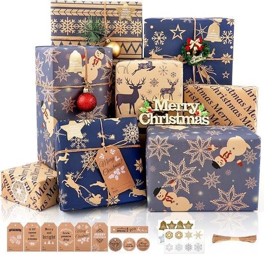 Geschenkpapier Weihnachten, 6 Blatt Dunkelblaues und Braun Weihnachten Geschenkpapier Set mit Aufklebern Anhänger und Schleife, Kraftpapier Recycling Geschenkpapier für Weihnachten Neujahr, 70x50CM