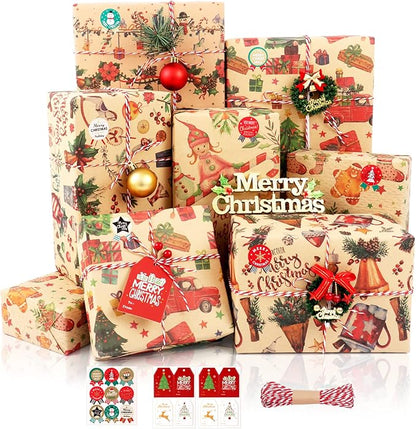 Weihnachten Geschenkpapier, 8 Blatt Kraftpapier Geschenkpapier - Niedlich Karikatur Design, Weihnachtspapier Set mit Aufklebern Tags und Papierseilen für Geschenke Party Deko, 70x50cm