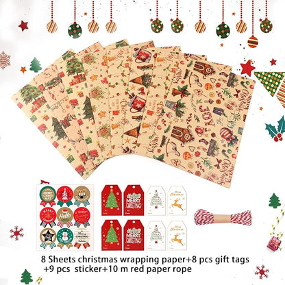 Weihnachten Geschenkpapier, 8 Blatt Kraftpapier Geschenkpapier - Niedlich Karikatur Design, Weihnachtspapier Set mit Aufklebern Tags und Papierseilen für Geschenke Party Deko, 70x50cm