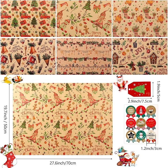 Weihnachten Geschenkpapier, 8 Blatt Kraftpapier Geschenkpapier - Niedlich Karikatur Design, Weihnachtspapier Set mit Aufklebern Tags und Papierseilen für Geschenke Party Deko, 70x50cm